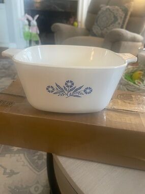 Vintage Corningware White Baker with Blue Flower Motif granny core cottage core